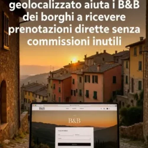 Immagine con vista su un borgo italiano antico al tramonto e un laptop che mostra il sito web di un B&B. Titolo: Un sito web chiaro e geolocalizzato aiuta i B&B dei borghi a ricevere prenotazioni dirette senza commissioni inutili.