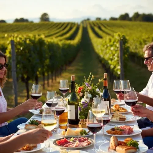 Gruppo di persone che brinda con calici di vino rosso e bianco durante una degustazione in un vigneto italiano al tramonto, con tavola imbandita di formaggi, salumi, pane e bottiglie di vino