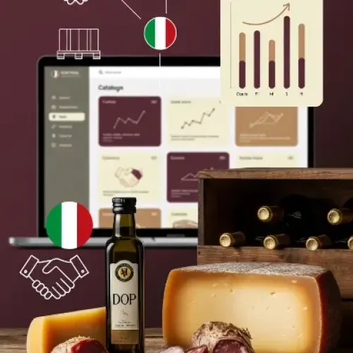 Immagine verticale di un menu da ristorante italiano aperto su un tavolo di legno, circondato da ingredienti freschi DOP e IGP (pomodori San Marzano, basilico, Parmigiano Reggiano, prosciutto di Parma, pane, vino Chianti). Sullo sfondo un elegante ristorante al tramonto con clienti soddisfatti che cenano. Elementi luminosi dorati simboleggiano crescita di clientela e guadagni. In alto il titolo completo “Enogastronomia Italiana nel Menu Ristorante: Come Valorizzare Prodotti Tipici per Aumentare Clientela e Guadagni”.