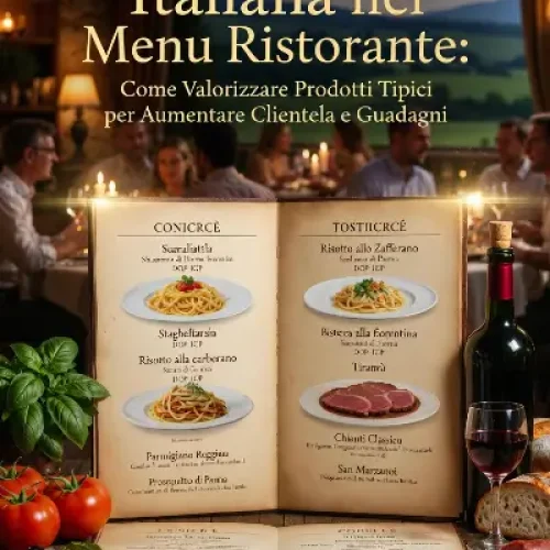 Immagine verticale di un menu da ristorante italiano aperto su un tavolo di legno, circondato da ingredienti freschi DOP e IGP (pomodori San Marzano, basilico, Parmigiano Reggiano, prosciutto di Parma, pane, vino Chianti). Sullo sfondo un elegante ristorante al tramonto con clienti soddisfatti che cenano. Elementi luminosi dorati simboleggiano crescita di clientela e guadagni. In alto il titolo completo “Enogastronomia Italiana nel Menu Ristorante: Come Valorizzare Prodotti Tipici per Aumentare Clientela e Guadagni”.