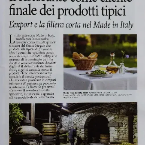 Pagina di rivista La Voce della Ristorazione con articolo ‘Il ristorante come cliente finale dei prodotti tipici – L’export e la filiera corta nel Made in Italy’ con foto di prodotti tipici e cantina