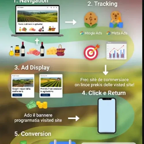Infografica che illustra in 5 passi come funziona la pubblicità online sui siti di e-commerce alimentari e di attività rurali (agriturismi, fattorie, esperienze in campagna): dal tracciamento dell’utente alla conversione in acquisto o prenotazione.