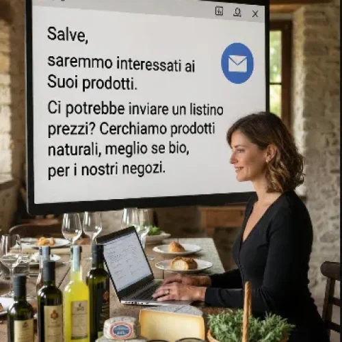 Donna professionista che riceve email di richiesta listino prezzi per prodotti naturali e bio da inserire nei negozi – acquisto B2B food & beverage