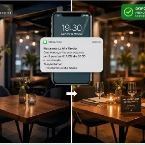 Prima e dopo: da tavolo libero a prenotazione confermata grazie a un messaggio SMS del ristorante. Schermo del telefono mostra la conferma di prenotazione per due persone.